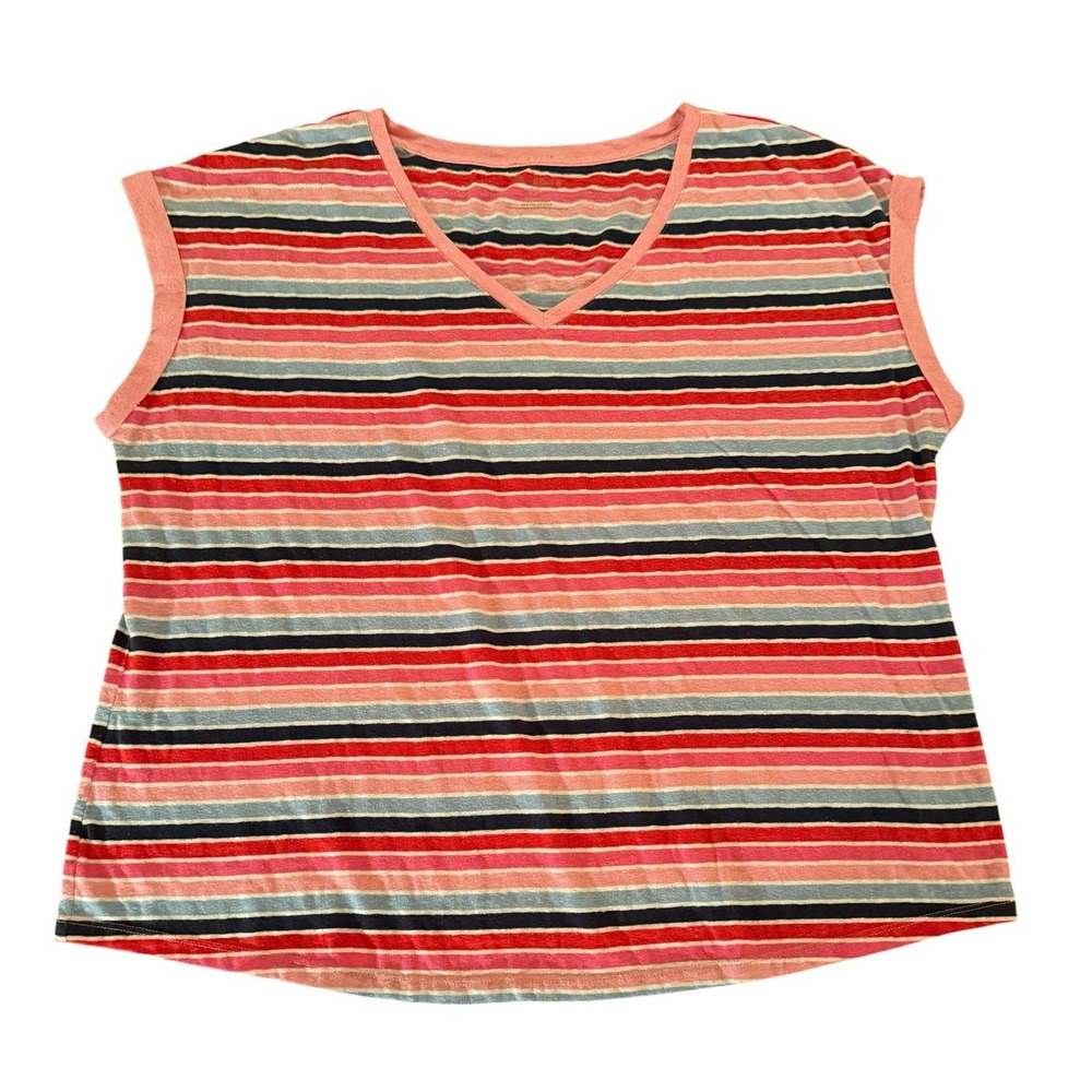 Talbots Womens 2X Linen Blend Sleeveless Top Striped Resort Summer Blue Red Pink